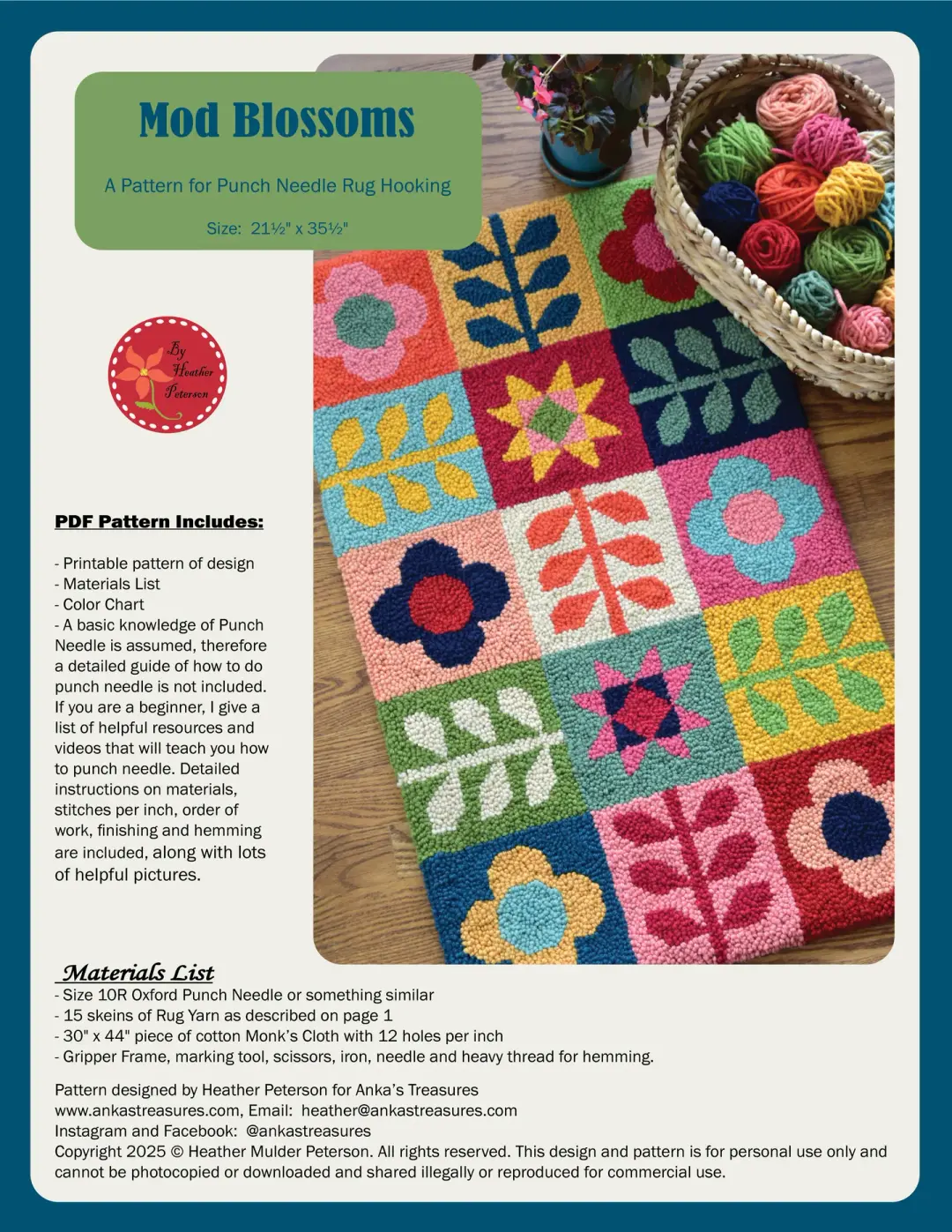 Mod Blossoms Punch Needle Rug PDF Pattern