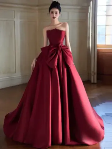 French Chic Burgundy A-Line Strapless Long Women Dress with Bow-knot Waist Birthday Dress Evening Dress RS055