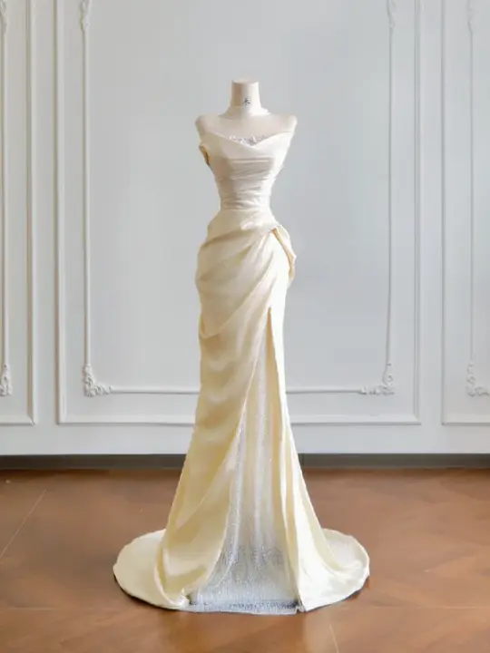 Light apricot strapless fitted waist bodycon long sexy ball gown, bridal dress R8181