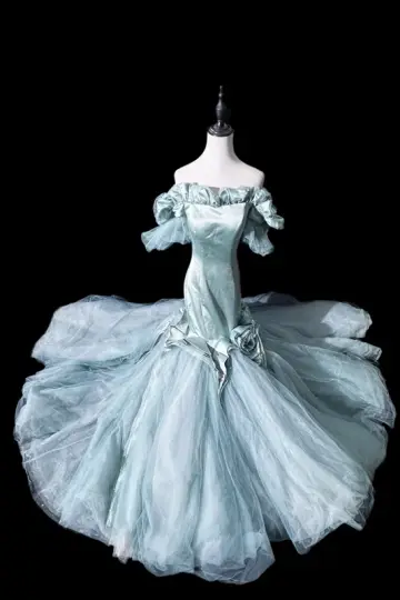 Gray-blue off-shoulder fitted waist bodycon mermaid long ball gown R8699