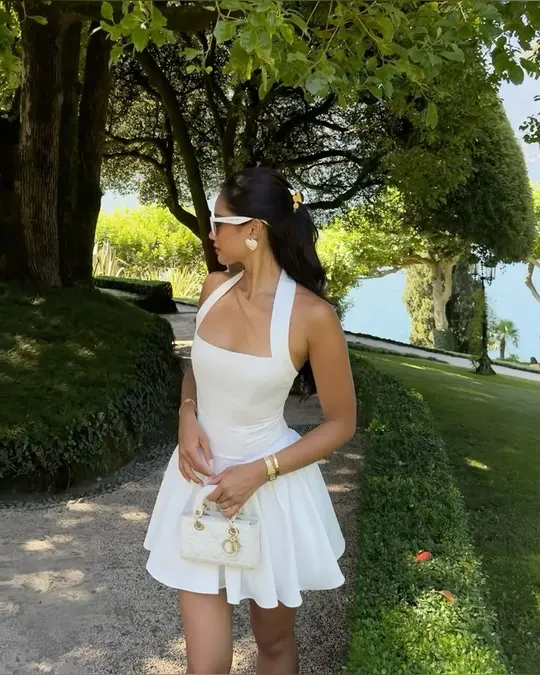 White halter neck slim A-line homecoming dress R2455