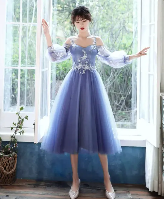 Sparkly Blue Prom Gown , Tulle Elegant Floral Corset Midi Birthday Dress RS1727