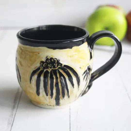 Sgraffito Black Eye Susan Flower Mug, Hand Carved Botanical Design Specialty Art Mug, Made in USA