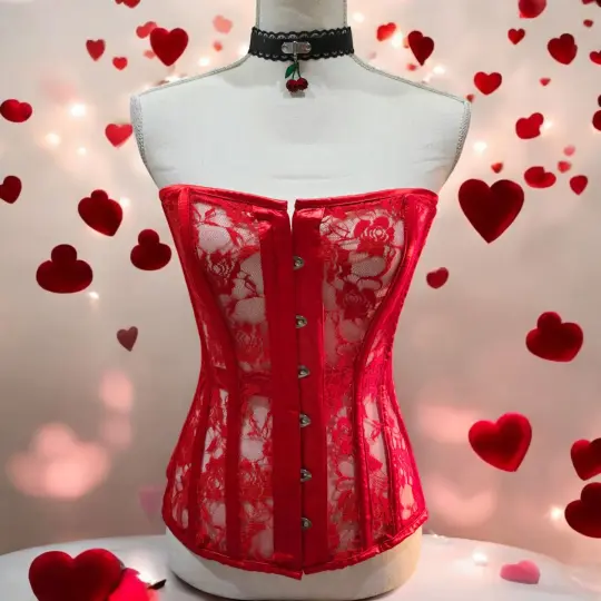 Red Lace Boned Corset Top with Lace-Up Back and Hook Front