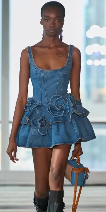 Blue denim suspenders waist skirt three-dimensional flower skirt homecoming dress R3688