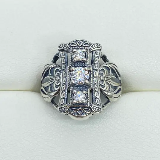 Moissanite Ring, Size 6, Triple-Gem, Silver Edwardian Filigree D63 - Ready to Ship