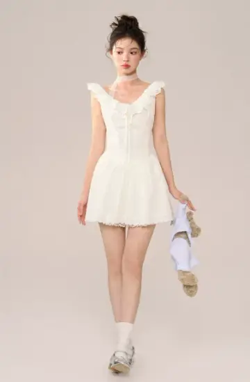 White Lace Trim Corset Style Mini Dress Women With Ruffle Straps And Flared Skirt R9395