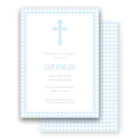 Blue Gingham with Watercolor Cross Baptism Invitation