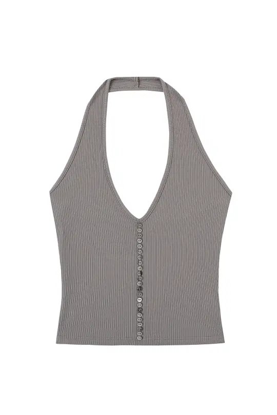 Tencel Rib Button Halter Top Gray