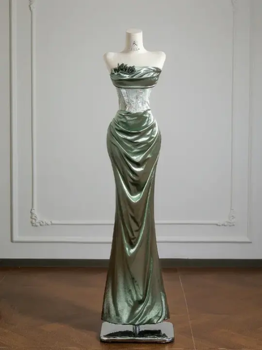 Gray-green strapless fitted waist bodycon long ball gown R8152