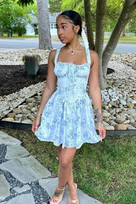 Fresh Floral Baby Blue A-Line Spaghetti Straps Bodycon Mini Summer Dress Homecoming Dress RS264