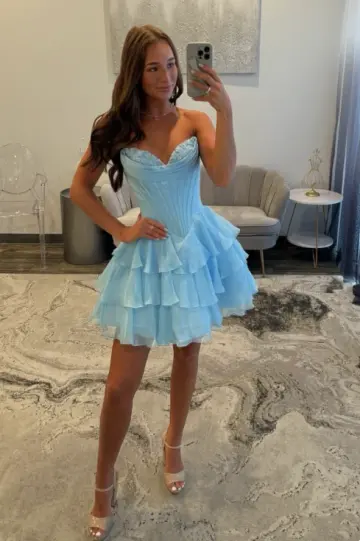 Minimalist Blue/Pink A-Line Strapless Corset Mini Summer Dress Homecoming Dress RS441