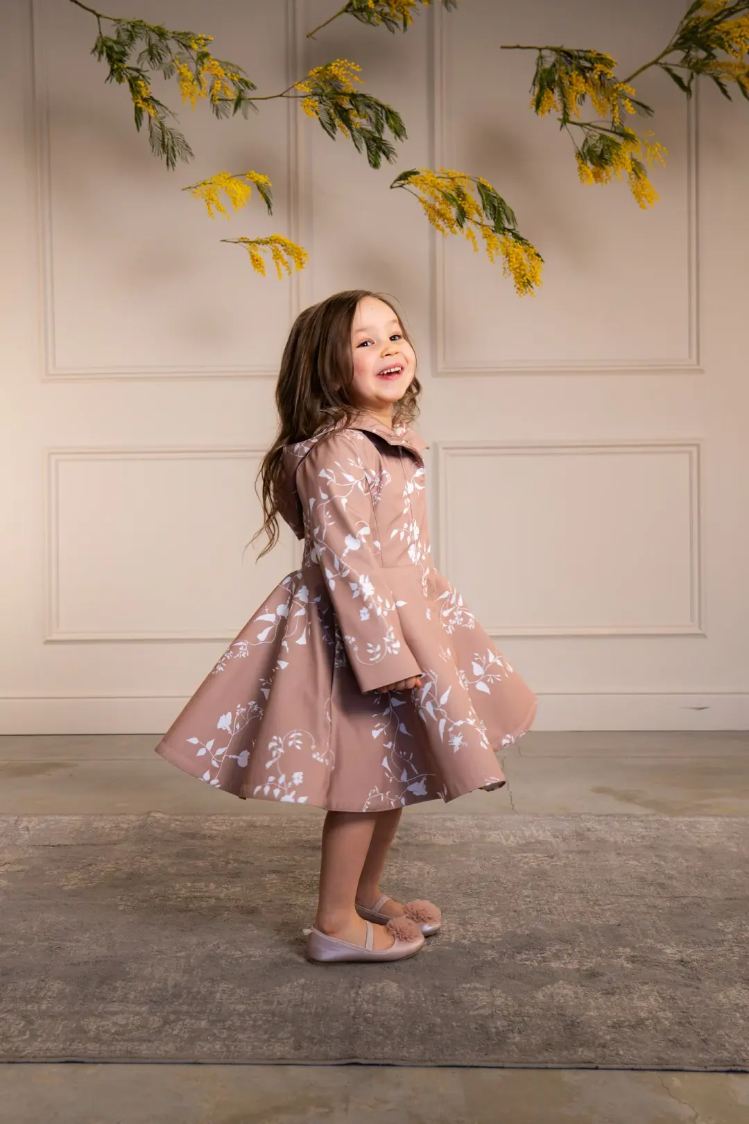 Fitted and Flared Coat for Girls in Pink-Beige with White Floral Print | Rose Blush