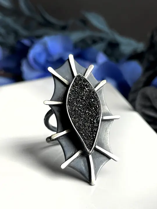 Sparkly Black Druzy Space Creature Statement Ring - Size 9