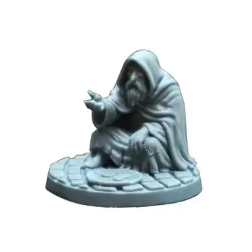An unpainted, light blue-grey 3D-printed tabletop miniature of a medieval fantasy beggar. The figure depicts an old, bearded man kneeling in a heavy, draped, hooded cloak, reaching one hand forward palm-up. He sits on a circular base textured like cobblestones, with a small plate containing a few coins resting on the ground in front of him. Isolated on a white background.