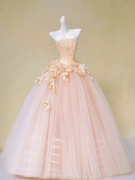 Cute Pink Ball Gown Strapless Long Women Dress with Applique Birthday Dress Evening Dress RS091