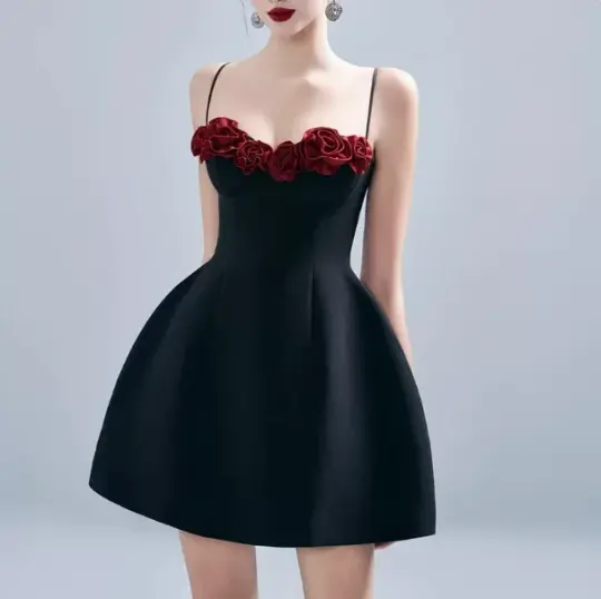 Elegant Black A-Line Spaghetti Straps Mini Women Dress with Applique Birthday Dress Homecoming Dress RS077