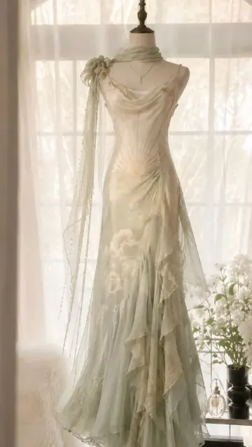 Flowy Chiffon Pleated Bodycon Prom Gown ,  Soft Green Maxi Summer Dress RS1851