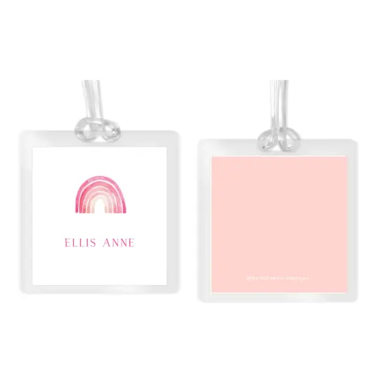 Girl's Watercolor Pink Rainbow Square Laminated Bag Tag