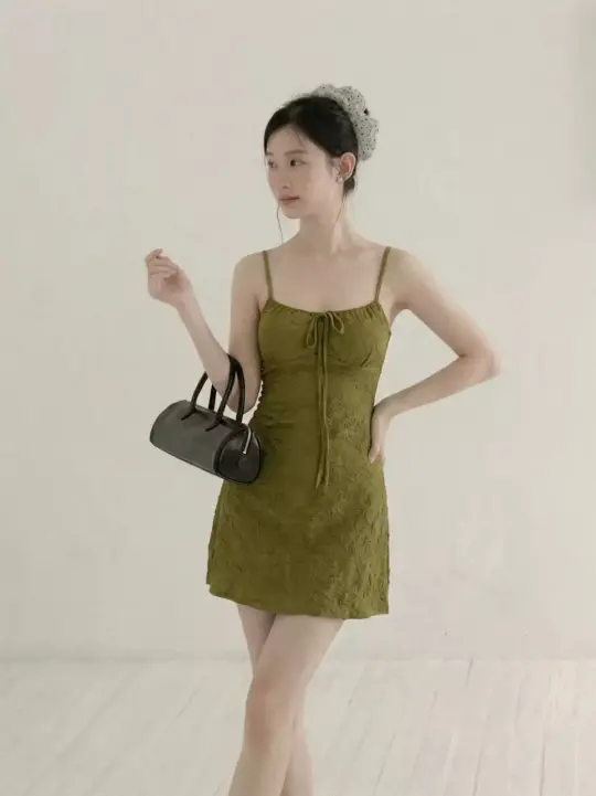 Olive Green Lace Cami Mini Dress with Tie Front R9172