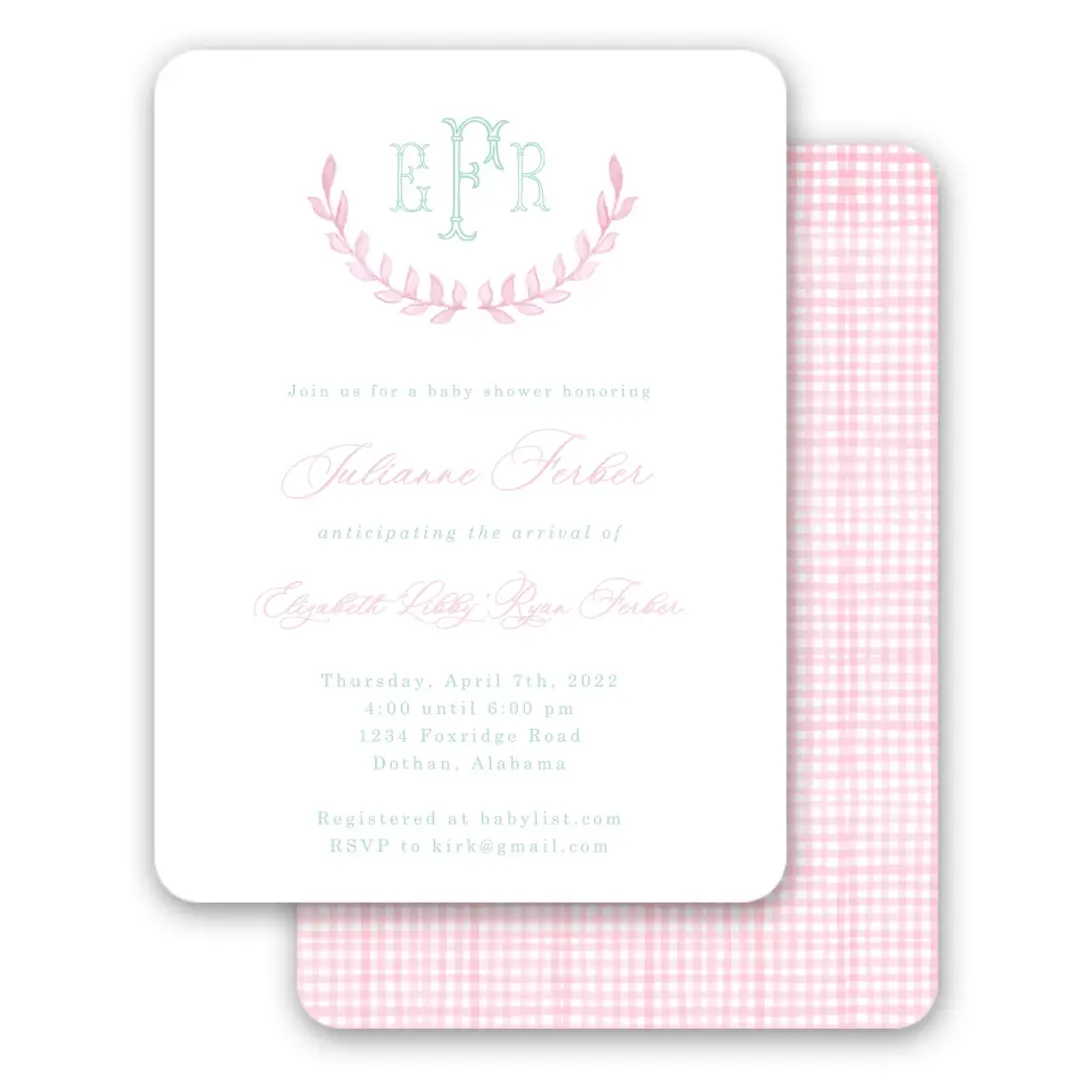 Pink Watercolor Half Laurel Wreath Girls Baby Shower Invitation
