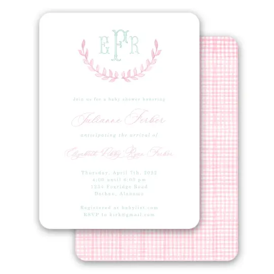 Pink Watercolor Half Laurel Wreath Girls Baby Shower Invitation
