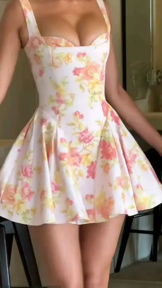 Retro floral white bottom suspender waist puffy princess dress homecoming dress R2942