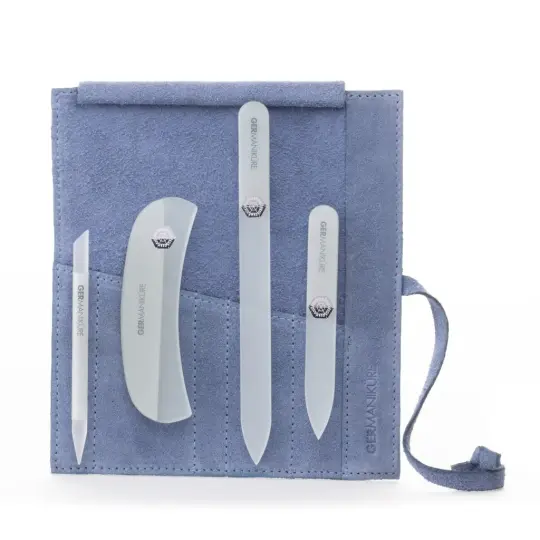 GERMANIKURE -  Four Piece Glass Nail File Set in Light Blue Suede Case
