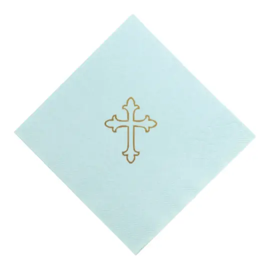 Gold on Baby Blue Baptism Cross Foil Printed Cocktail Napkins, set of 20