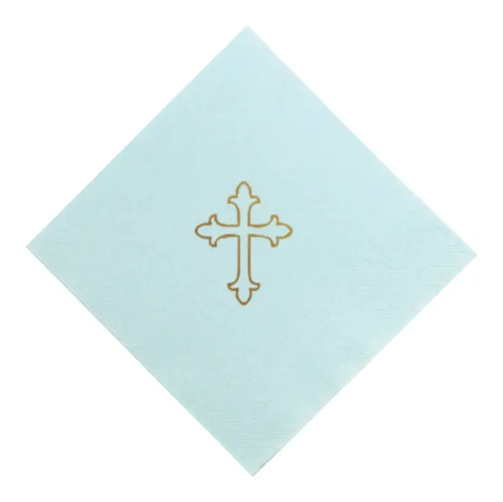 Gold on Baby Blue Baptism Cross Foil Printed Cocktail Napkins, set of 20
