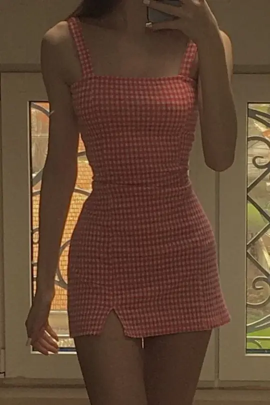 Pink checkered suspenders waist slim mini skirt homecoming dress R3283