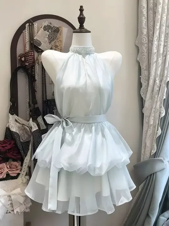 Dreamy Tiered Chiffon Women's Homecoming Dress Pale Blue Corset Short Prom Dress Party Dress RS2732