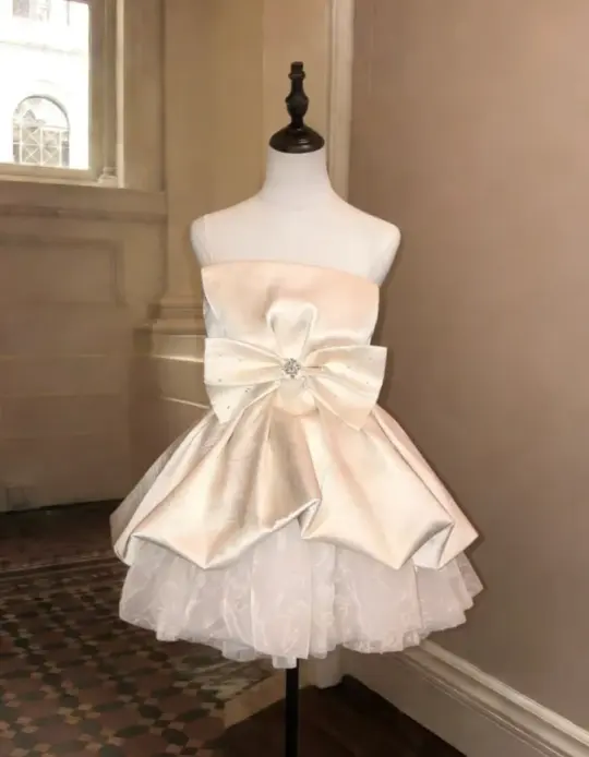 Cute Champagne Beaded Homecoming Dress A-Line Strapless Bow-knot Corset Mini Prom Dress RS727