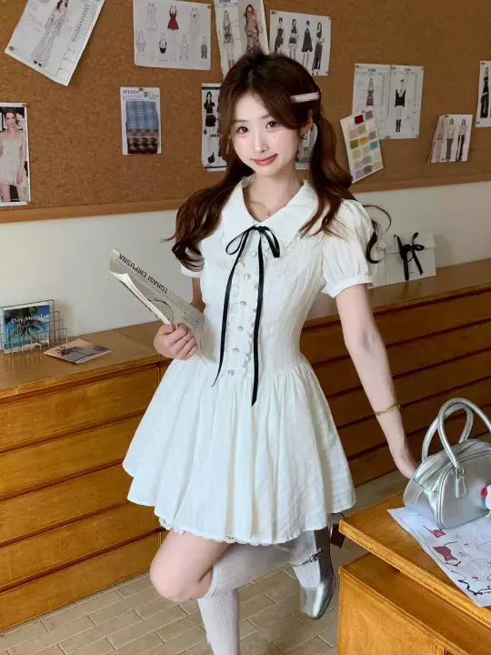 Preppy style fitted waist puff sleeve dress R9072