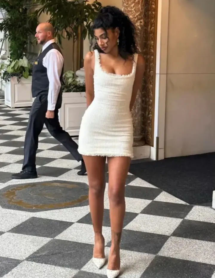 White lace suspenders waist slim hip skirt homecoming dress R3533