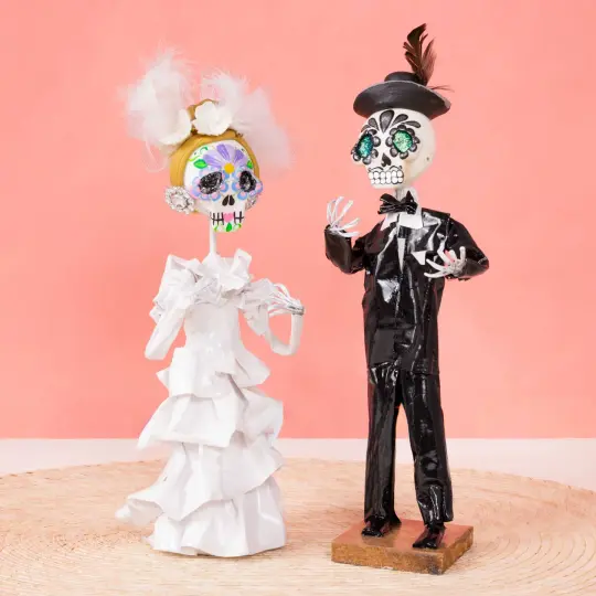 Papier-Mâché Sugar Skull Bride and Groom Sculpture