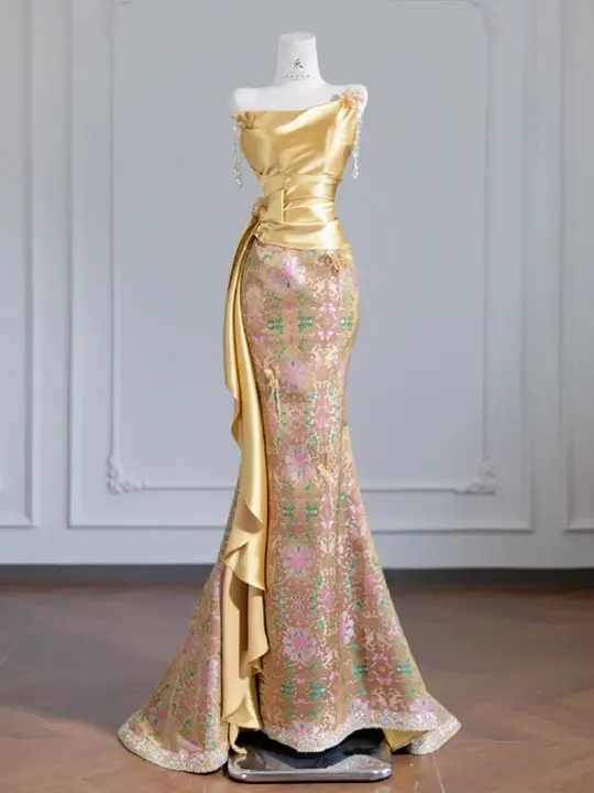 Gold strapless fitted waist slim retro print sexy long ball gown/bridal dress R8238