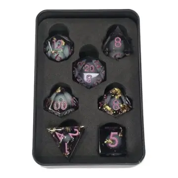 Sharp edge DnD dice set, smoky gray resin with a liquid core, gold leaf flakes and purple numbers, 7 dice in a Project Kirtrite tin
