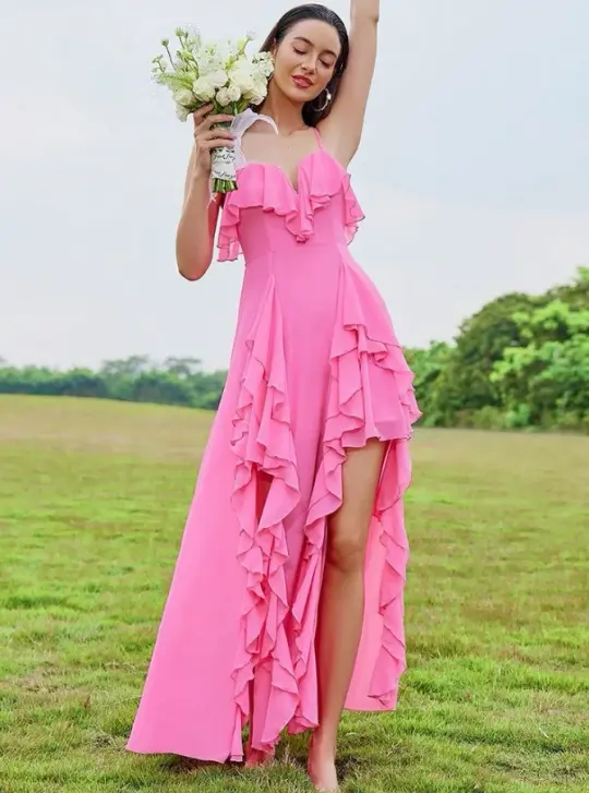Casual Barbie Pink Ruffled A-Line Spaghetti Straps Chiffon Maxi Summer Dress Party Dress RS597