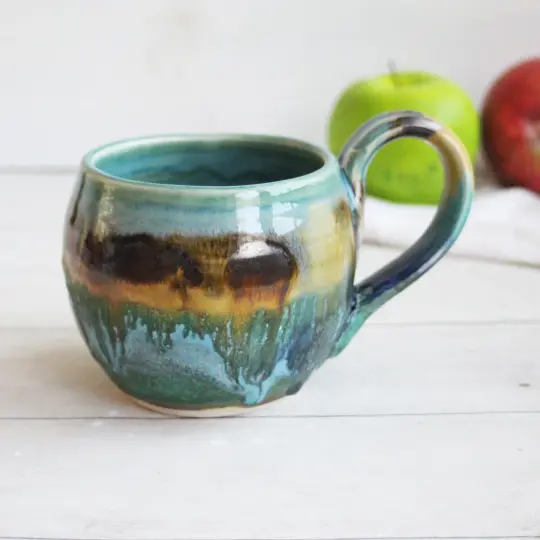 Pottery Mug in Copper Green and Turquoise Glazes, 14 oz.