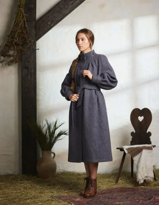 Manteau long 'Aneta' en pure laine grise