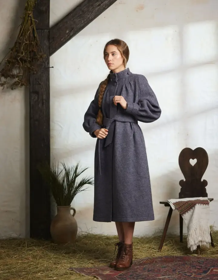 Manteau long 'Aneta' en pure laine grise
