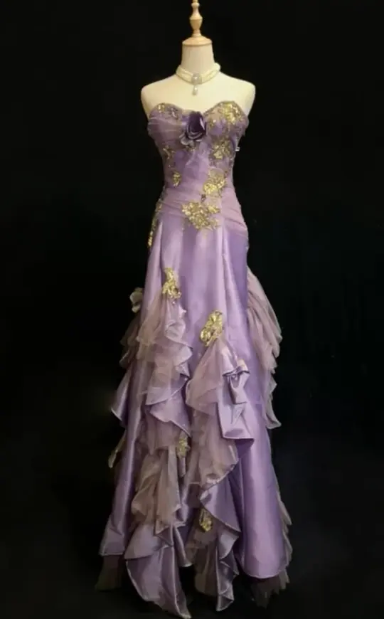 Charming Purple Prom Gown , Silky Satin Elegant Floral Maxi Evening Dress RS1373