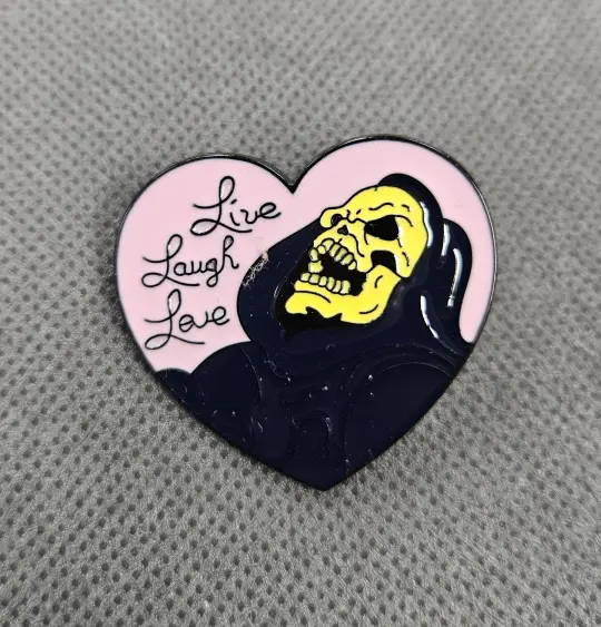 Skeletor Live, love, laugh enamel pin, collector pin, battle jacket
