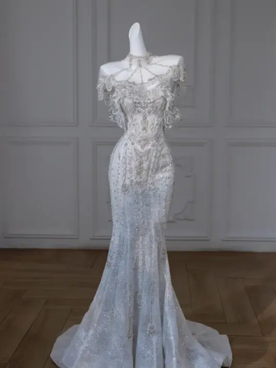 Blue and white diamond waist slimming and hip-wrapped fishtail long dress bridal gown R5843