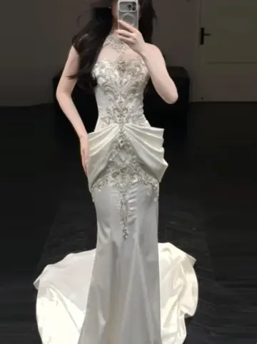 Elegant Light Ivory Mermaid Halter Long Women Dress with Embroidery Evening Dress Wedding Dress RS135