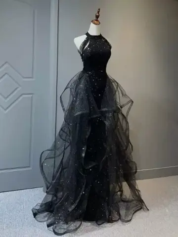 Sparkly Black Prom Gown , Tulle Glitter Sequins Maxi Evening Dress Celebrity Dress RS1634