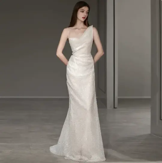 French Chic White Mermaid One-shoulder Open Back Maxi Wedding Dress RS334