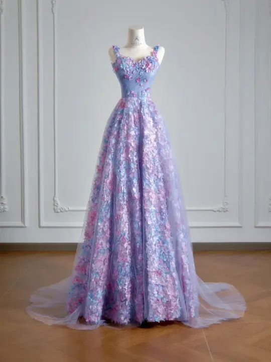 Purple floral halter-neck fitted A-line long ball gown R8146