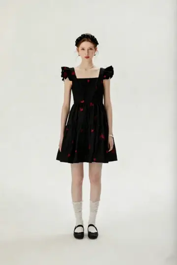 Black Heart Embroidered Mini Dress Women With Ruffled Cap Sleeves R9463